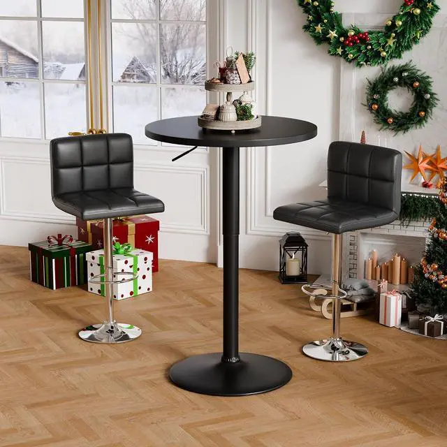 Alt view image 2 of 7 - Round Bistro Pub Table 23.6 Inch Height Adjustable 360° Swivel Bar Table Metal Base for Pub, Dining Room, Party (2, Full Black)
