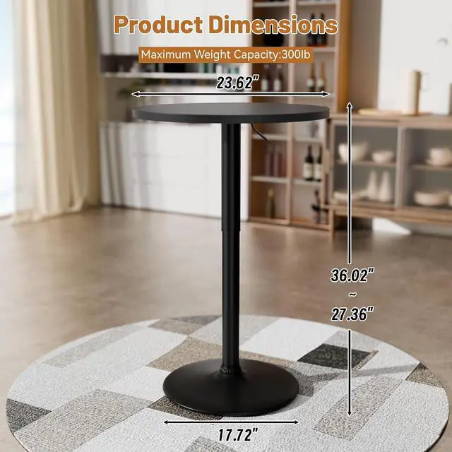 Alt view image 3 of 7 - Round Bistro Pub Table 23.6 Inch Height Adjustable 360° Swivel Bar Table Metal Base for Pub, Dining Room, Party (2, Full Black)