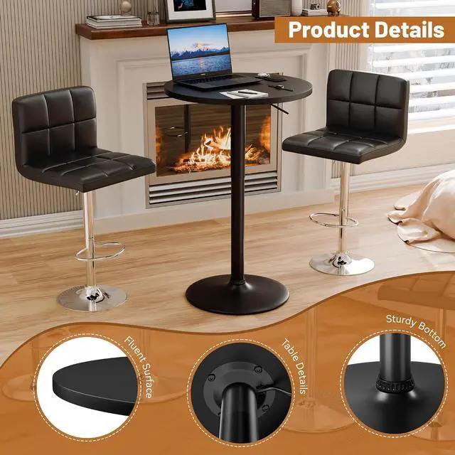 Alt view image 4 of 7 - Round Bistro Pub Table 23.6 Inch Height Adjustable 360° Swivel Bar Table Metal Base for Pub, Dining Room, Party (2, Full Black)