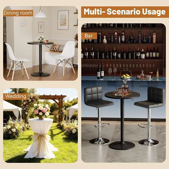 Alt view image 6 of 7 - Round Bistro Pub Table 23.6 Inch Height Adjustable 360° Swivel Bar Table Metal Base for Pub, Dining Room, Party (2, Full Black)