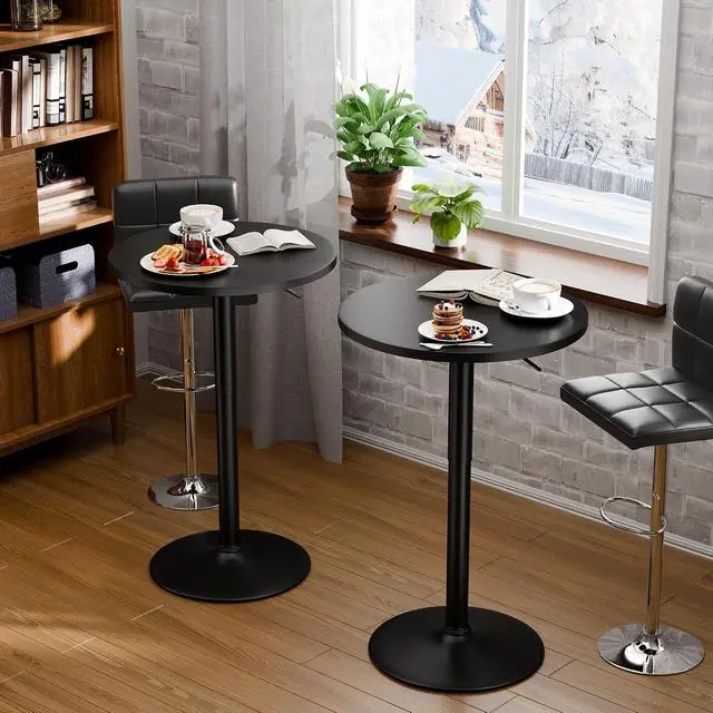 Alt view image 5 of 7 - Round Bistro Pub Table 23.6 Inch Height Adjustable 360° Swivel Bar Table Metal Base for Pub, Dining Room, Party (2, Full Black)