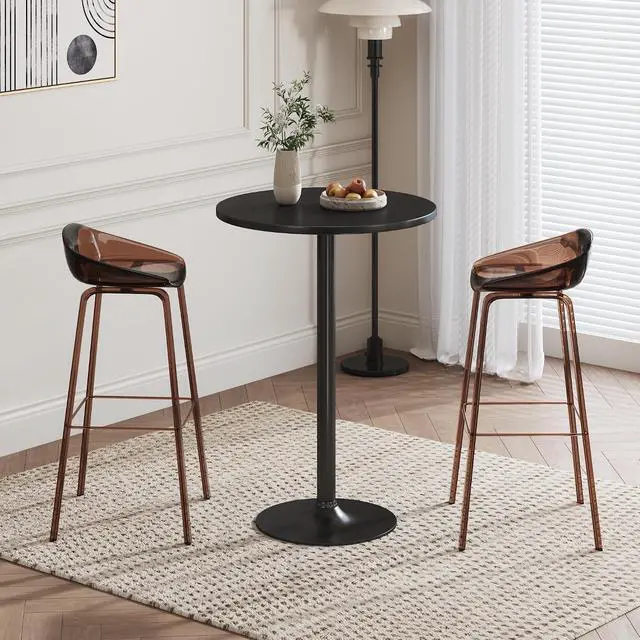 Alt view image 2 of 7 - Round Bistro Pub Table Modern Style Metal Base MDF Top Cocktail Bar Table Counter Bar Height for Pub, Dining Room, Party (1, Full Black)