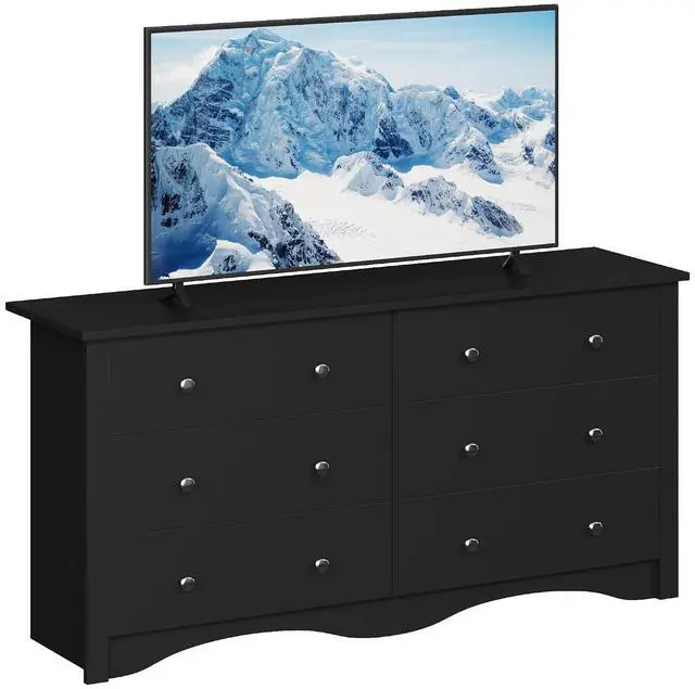 Main image of 6 Wood Drawers Dresser for Bedroom, Double Dresser for TV up to 65 inch, TV Stand Storage Chest of Drawers for Living Room Hallway Entryway (Black)