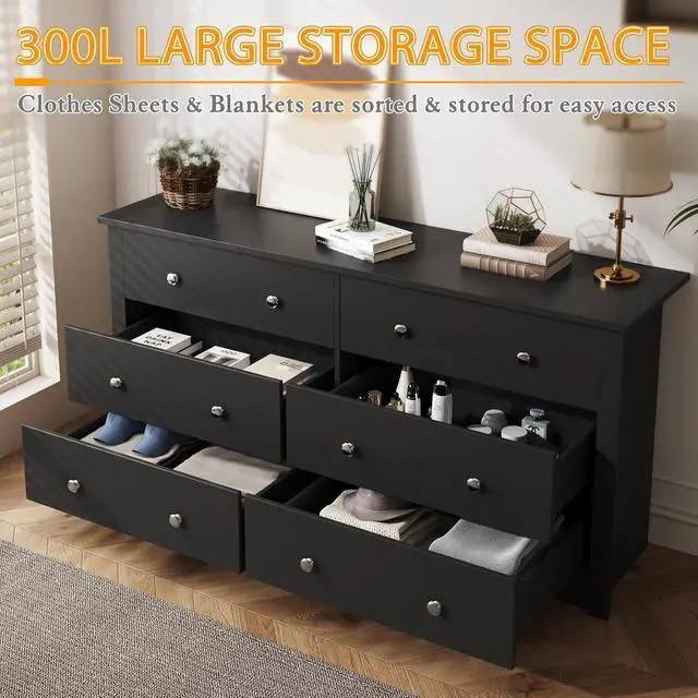 Alt view image 4 of 7 - 6 Wood Drawers Dresser for Bedroom, Double Dresser for TV up to 65 inch, TV Stand Storage Chest of Drawers for Living Room Hallway Entryway (Black)