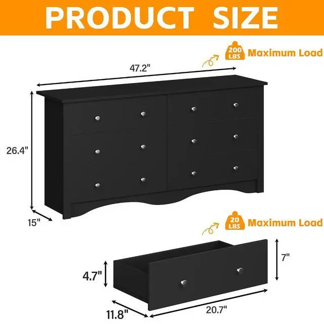 Alt view image 3 of 7 - 6 Wood Drawers Dresser for Bedroom, Double Dresser for TV up to 65 inch, TV Stand Storage Chest of Drawers for Living Room Hallway Entryway (Black)