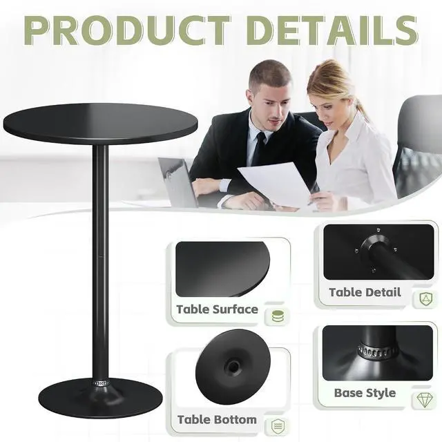 Alt view image 5 of 7 - Round Bistro Pub Table Modern Style Metal Base MDF Top Cocktail Bar Table Counter Bar Height for Pub, Dining Room, Party (1, Full Black)