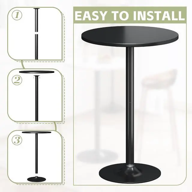 Alt view image 6 of 7 - Round Bistro Pub Table Modern Style Metal Base MDF Top Cocktail Bar Table Counter Bar Height for Pub, Dining Room, Party (1, Full Black)