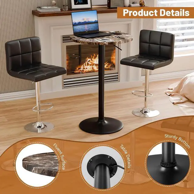 Alt view image 3 of 7 - Round Bistro Pub Table 23.6 Inch Height Adjustable 360° Swivel Bar Table Metal Base for Pub, Dining Room, Party (2, Marble-Black)