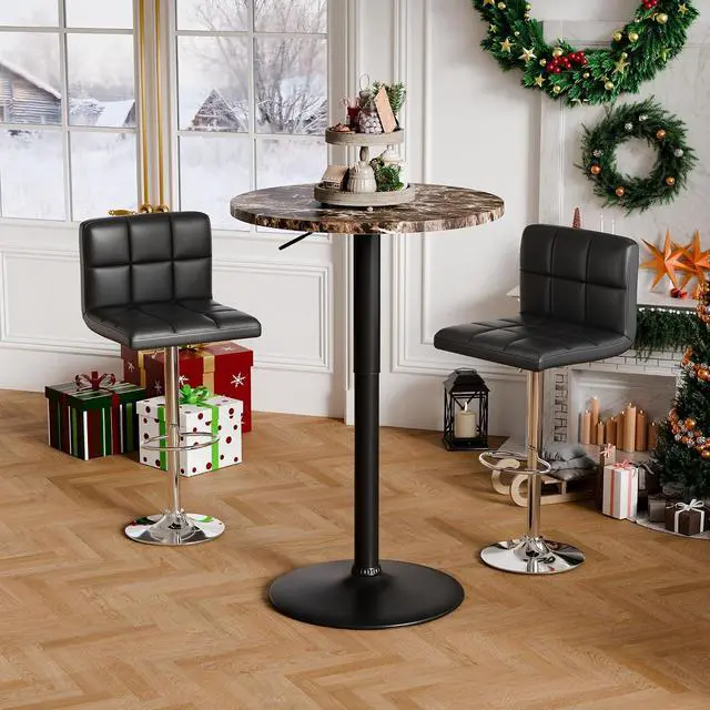 Alt view image 2 of 7 - Round Bistro Pub Table 23.6 Inch Height Adjustable 360° Swivel Bar Table Metal Base for Pub, Dining Room, Party (2, Marble-Black)