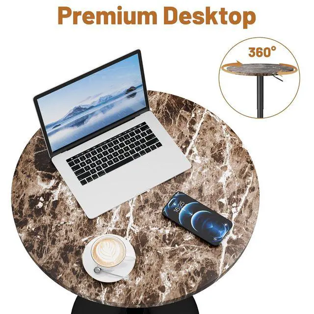 Alt view image 6 of 7 - Round Bistro Pub Table 23.6 Inch Height Adjustable 360° Swivel Bar Table Metal Base for Pub, Dining Room, Party (2, Marble-Black)