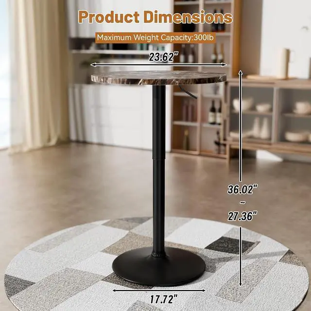 Alt view image 7 of 7 - Round Bistro Pub Table 23.6 Inch Height Adjustable 360° Swivel Bar Table Metal Base for Pub, Dining Room, Party (2, Marble-Black)