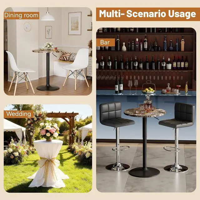Alt view image 5 of 7 - Round Bistro Pub Table 23.6 Inch Height Adjustable 360° Swivel Bar Table Metal Base for Pub, Dining Room, Party (2, Marble-Black)