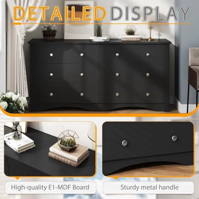 Alt view image 5 of 7 - 6 Wood Drawers Dresser for Bedroom, Double Dresser for TV up to 65 inch, TV Stand Storage Chest of Drawers for Living Room Hallway Entryway (Black)