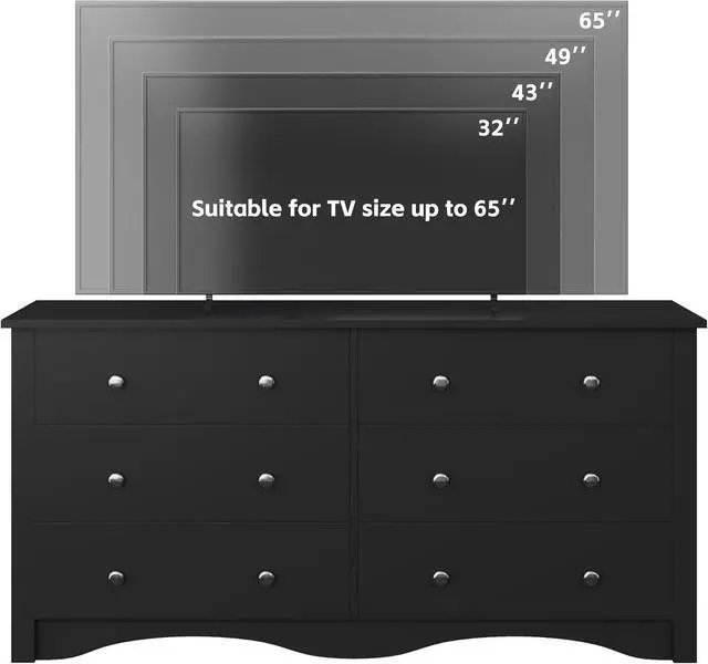 Alt view image 7 of 7 - 6 Wood Drawers Dresser for Bedroom, Double Dresser for TV up to 65 inch, TV Stand Storage Chest of Drawers for Living Room Hallway Entryway (Black)