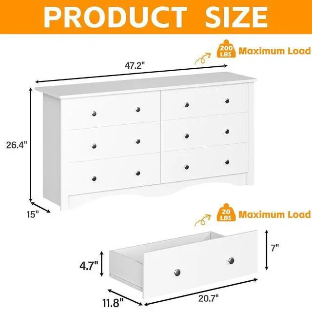Alt view image 3 of 7 - 6 Wood Drawers Dresser for Bedroom, Double Dresser for TV up to 65 inch, TV Stand Storage Chest of Drawers for Living Room Hallway Entryway (White)