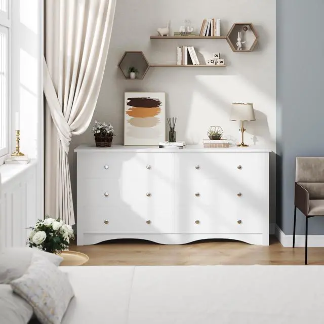 Alt view image 2 of 7 - 6 Wood Drawers Dresser for Bedroom, Double Dresser for TV up to 65 inch, TV Stand Storage Chest of Drawers for Living Room Hallway Entryway (White)