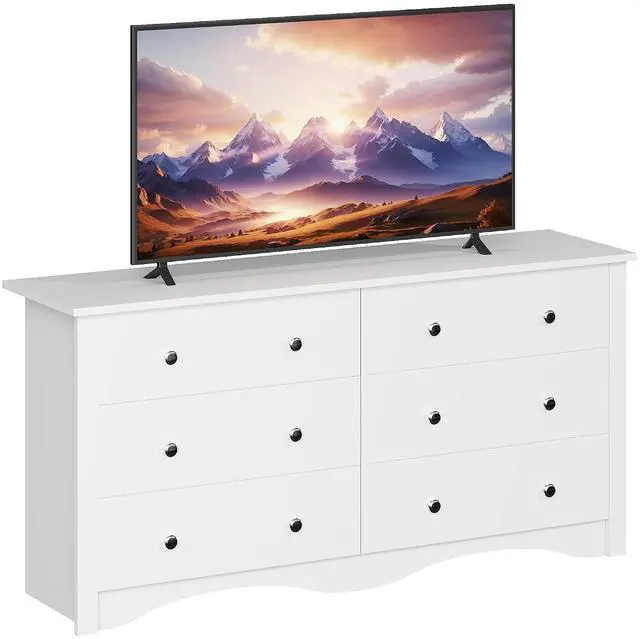 Main image of 6 Wood Drawers Dresser for Bedroom, Double Dresser for TV up to 65 inch, TV Stand Storage Chest of Drawers for Living Room Hallway Entryway (White)