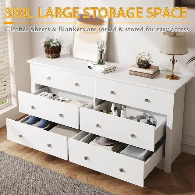 Alt view image 4 of 7 - 6 Wood Drawers Dresser for Bedroom, Double Dresser for TV up to 65 inch, TV Stand Storage Chest of Drawers for Living Room Hallway Entryway (White)