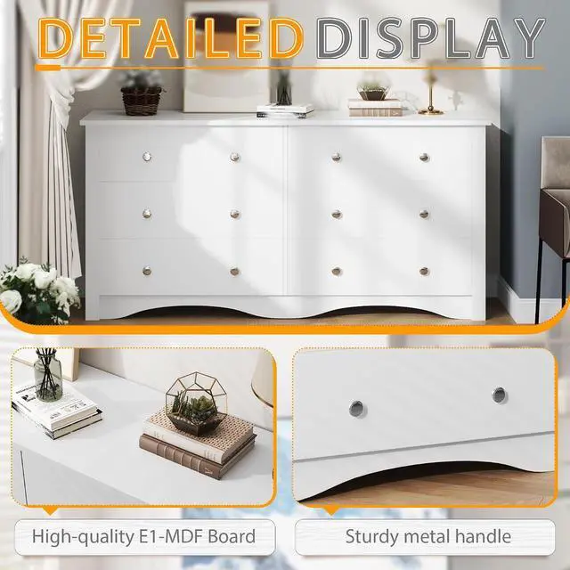 Alt view image 5 of 7 - 6 Wood Drawers Dresser for Bedroom, Double Dresser for TV up to 65 inch, TV Stand Storage Chest of Drawers for Living Room Hallway Entryway (White)