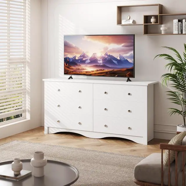 Alt view image 6 of 7 - 6 Wood Drawers Dresser for Bedroom, Double Dresser for TV up to 65 inch, TV Stand Storage Chest of Drawers for Living Room Hallway Entryway (White)