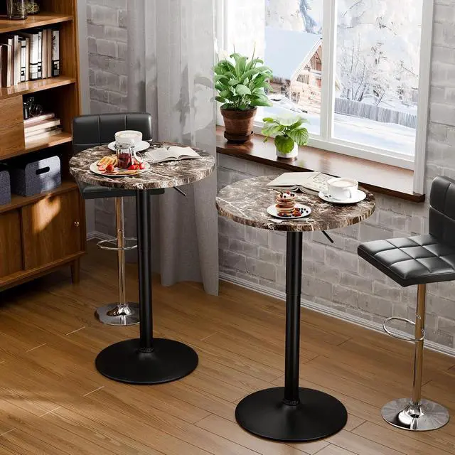 Alt view image 4 of 7 - Round Bistro Pub Table 23.6 Inch Height Adjustable 360° Swivel Bar Table Metal Base for Pub, Dining Room, Party (2, Marble-Black)