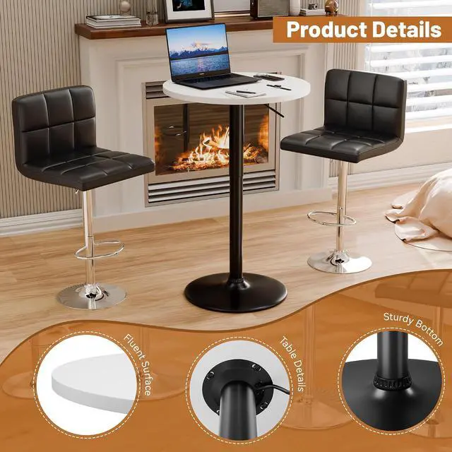 Alt view image 3 of 7 - Round Bistro Pub Table 23.6 Inch Height Adjustable 360° Swivel Bar Table Metal Base for Pub, Dining Room, Party (2, White-Black)