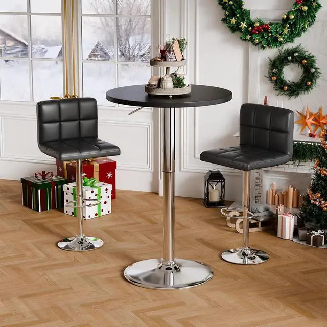 Alt view image 2 of 7 - Round Bistro Pub Table 23.6 Inch Height Adjustable 360° Swivel Bar Table Metal Base for Pub, Dining Room, Party (2, Black-Silver)