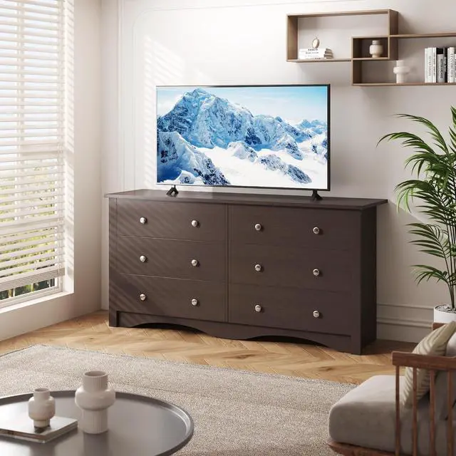 Alt view image 2 of 7 - 6 Wood Drawers Dresser for Bedroom, Double Dresser for TV up to 65 inch, TV Stand Storage Chest of Drawers for Living Room Hallway Entryway (Brown)