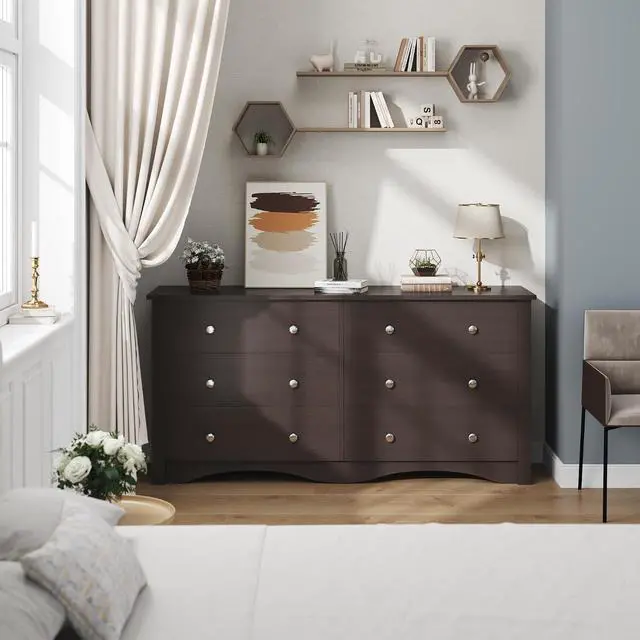 Alt view image 4 of 7 - 6 Wood Drawers Dresser for Bedroom, Double Dresser for TV up to 65 inch, TV Stand Storage Chest of Drawers for Living Room Hallway Entryway (Brown)