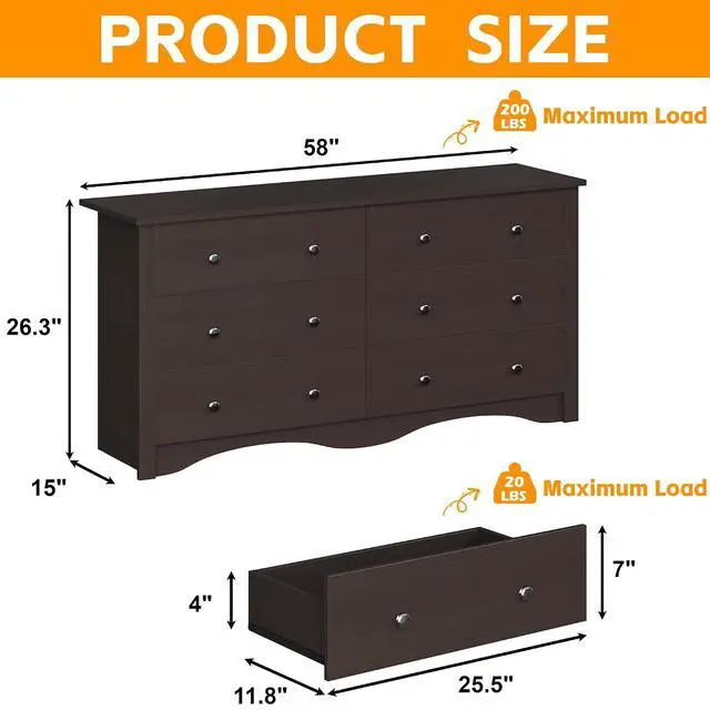 Alt view image 3 of 7 - 6 Wood Drawers Dresser for Bedroom, Double Dresser for TV up to 65 inch, TV Stand Storage Chest of Drawers for Living Room Hallway Entryway (Brown)