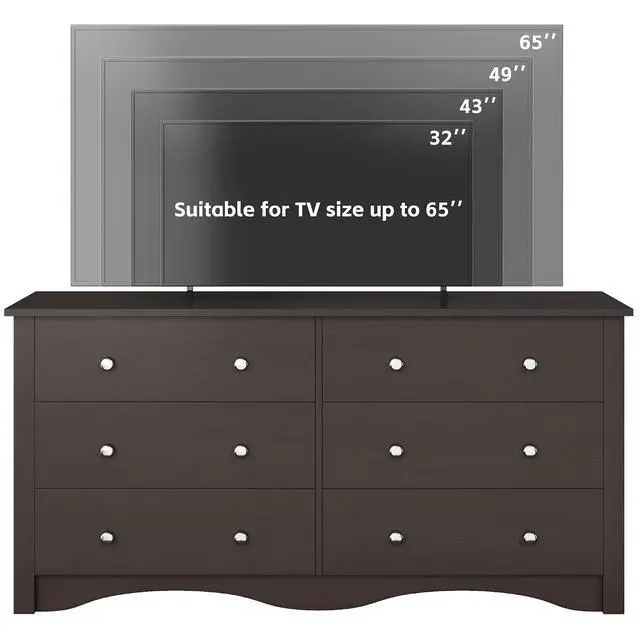 Alt view image 5 of 7 - 6 Wood Drawers Dresser for Bedroom, Double Dresser for TV up to 65 inch, TV Stand Storage Chest of Drawers for Living Room Hallway Entryway (Brown)