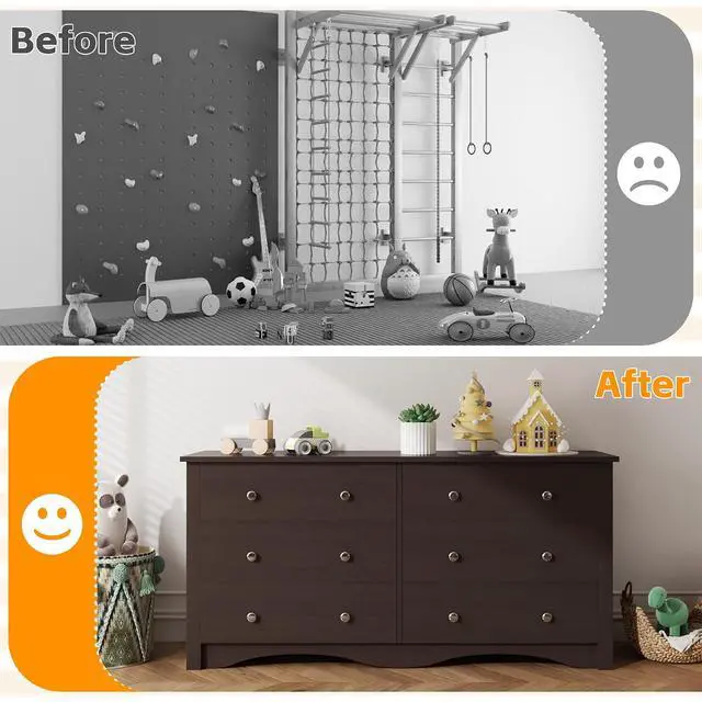 Alt view image 7 of 7 - 6 Wood Drawers Dresser for Bedroom, Double Dresser for TV up to 65 inch, TV Stand Storage Chest of Drawers for Living Room Hallway Entryway (Brown)
