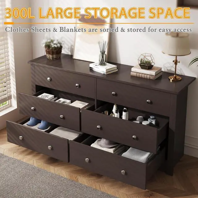 Alt view image 6 of 7 - 6 Wood Drawers Dresser for Bedroom, Double Dresser for TV up to 65 inch, TV Stand Storage Chest of Drawers for Living Room Hallway Entryway (Brown)