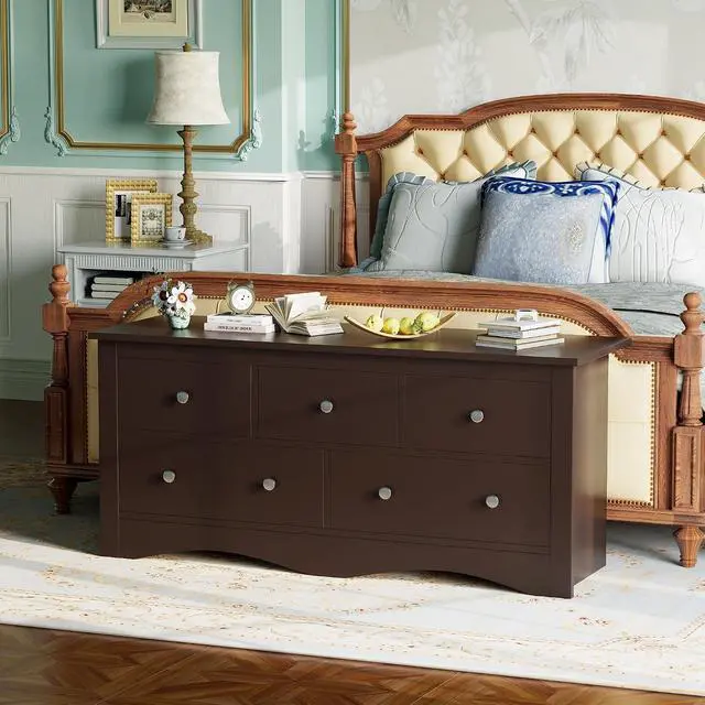 Alt view image 2 of 7 - Dresser for Bedroom, 5 Wood Dresser, Chest of Drawers, for TV up to 65 inch, TV Stand Storage Chest of Drawers for Hallway Entryway (Brown)