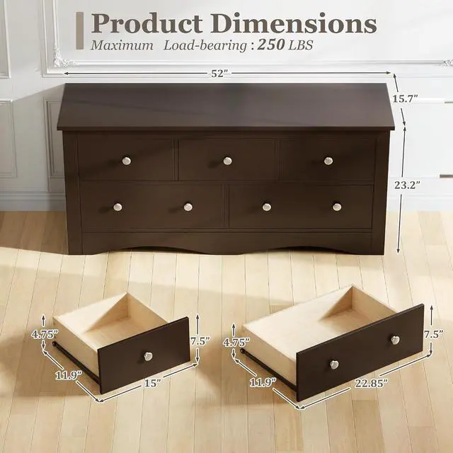 Alt view image 3 of 7 - Dresser for Bedroom, 5 Wood Dresser, Chest of Drawers, for TV up to 65 inch, TV Stand Storage Chest of Drawers for Hallway Entryway (Brown)