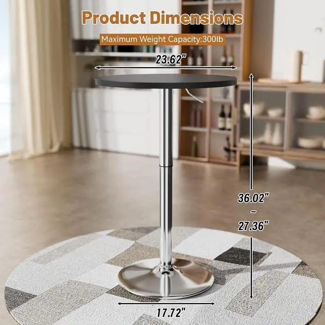 Alt view image 3 of 7 - Round Bistro Pub Table 23.6 Inch Height Adjustable 360° Swivel Bar Table Metal Base for Pub, Dining Room, Party (2, Black-Silver)