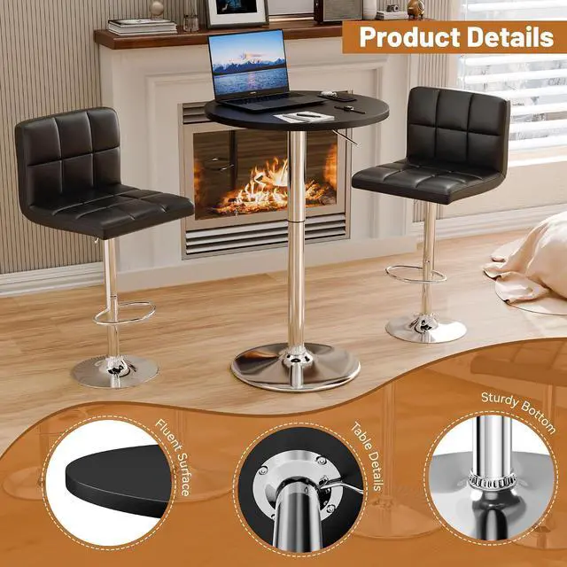 Alt view image 4 of 7 - Round Bistro Pub Table 23.6 Inch Height Adjustable 360° Swivel Bar Table Metal Base for Pub, Dining Room, Party (2, Black-Silver)