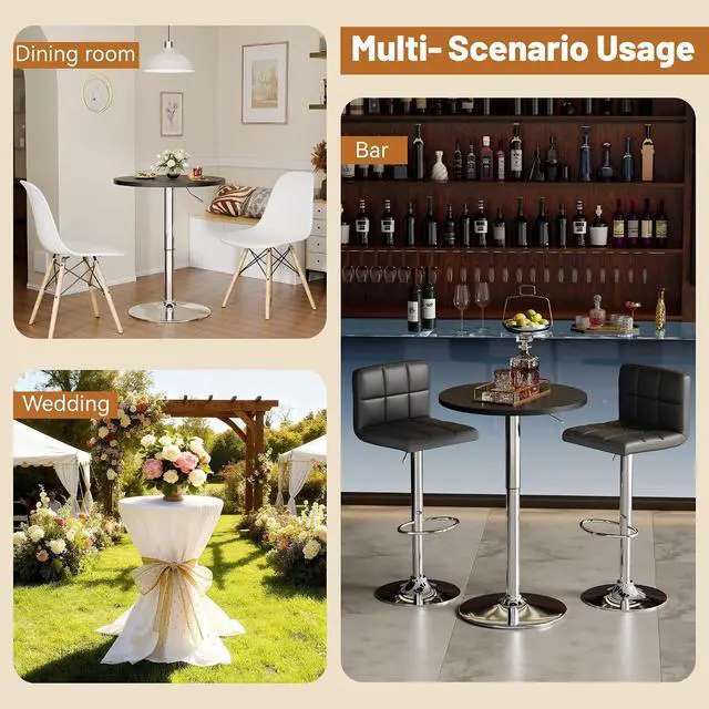 Alt view image 6 of 7 - Round Bistro Pub Table 23.6 Inch Height Adjustable 360° Swivel Bar Table Metal Base for Pub, Dining Room, Party (2, Black-Silver)