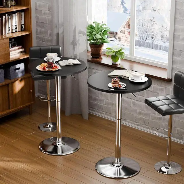 Alt view image 5 of 7 - Round Bistro Pub Table 23.6 Inch Height Adjustable 360° Swivel Bar Table Metal Base for Pub, Dining Room, Party (2, Black-Silver)