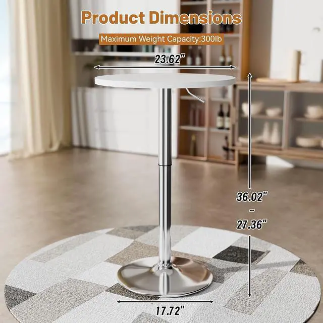 Alt view image 3 of 7 - Round Bistro Pub Table 23.6 Inch Height Adjustable 360° Swivel Bar Table Metal Base for Pub, Dining Room, Party (4, White-Silver)