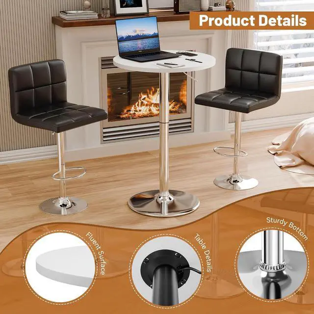 Alt view image 4 of 7 - Round Bistro Pub Table 23.6 Inch Height Adjustable 360° Swivel Bar Table Metal Base for Pub, Dining Room, Party (4, White-Silver)