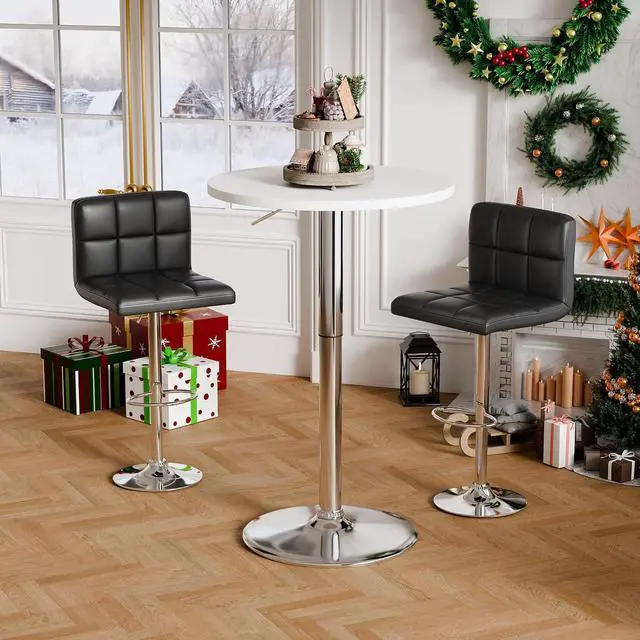 Alt view image 2 of 7 - Round Bistro Pub Table 23.6 Inch Height Adjustable 360° Swivel Bar Table Metal Base for Pub, Dining Room, Party (4, White-Silver)
