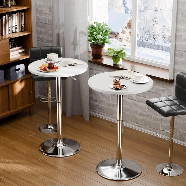 Alt view image 5 of 7 - Round Bistro Pub Table 23.6 Inch Height Adjustable 360° Swivel Bar Table Metal Base for Pub, Dining Room, Party (4, White-Silver)