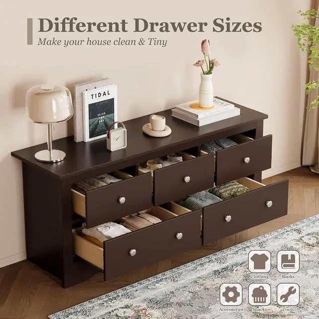 Alt view image 5 of 7 - Dresser for Bedroom, 5 Wood Dresser, Chest of Drawers, for TV up to 65 inch, TV Stand Storage Chest of Drawers for Hallway Entryway (Brown)