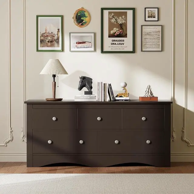Alt view image 6 of 7 - Dresser for Bedroom, 5 Wood Dresser, Chest of Drawers, for TV up to 65 inch, TV Stand Storage Chest of Drawers for Hallway Entryway (Brown)