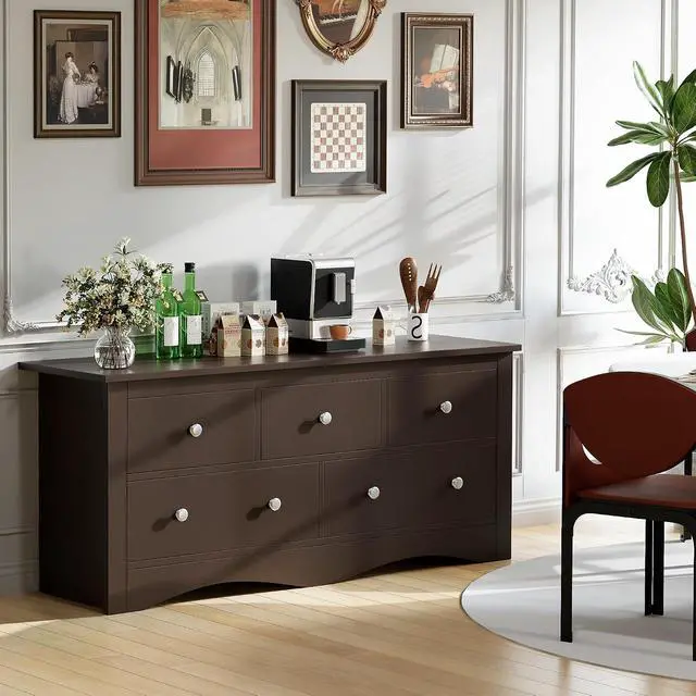 Alt view image 7 of 7 - Dresser for Bedroom, 5 Wood Dresser, Chest of Drawers, for TV up to 65 inch, TV Stand Storage Chest of Drawers for Hallway Entryway (Brown)
