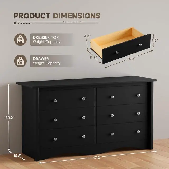 Alt view image 3 of 7 - Dresser for Bedroom, 6 Wood Dresser, Chest of Drawers, for TV up to 65 inch, TV Stand Storage Chest of Drawers for Hallway Entryway (Black)