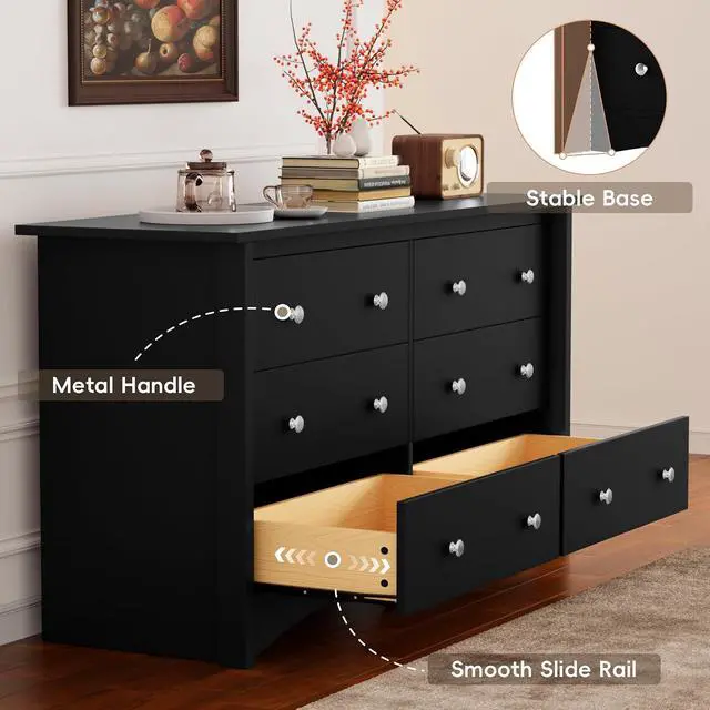 Alt view image 4 of 7 - Dresser for Bedroom, 6 Wood Dresser, Chest of Drawers, for TV up to 65 inch, TV Stand Storage Chest of Drawers for Hallway Entryway (Black)