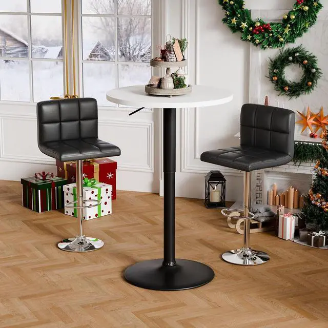 Alt view image 2 of 7 - Round Bistro Pub Table 23.6 Inch Height Adjustable 360° Swivel Bar Table Metal Base for Pub, Dining Room, Party (2, White-Black)