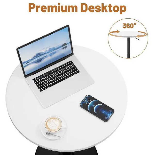Alt view image 6 of 7 - Round Bistro Pub Table 23.6 Inch Height Adjustable 360° Swivel Bar Table Metal Base for Pub, Dining Room, Party (2, White-Black)